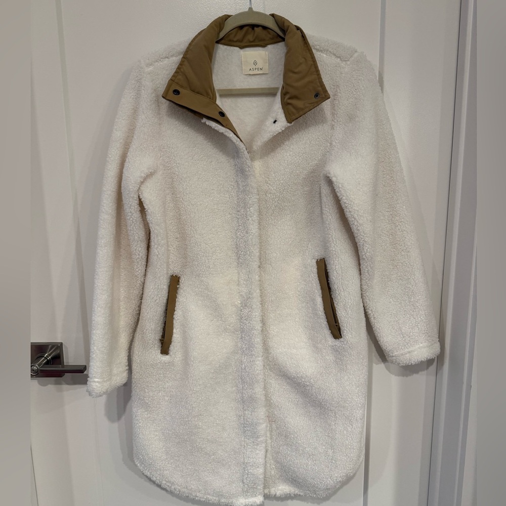 White and Brown Teddy Jacket with Plush Fleece and High Collar